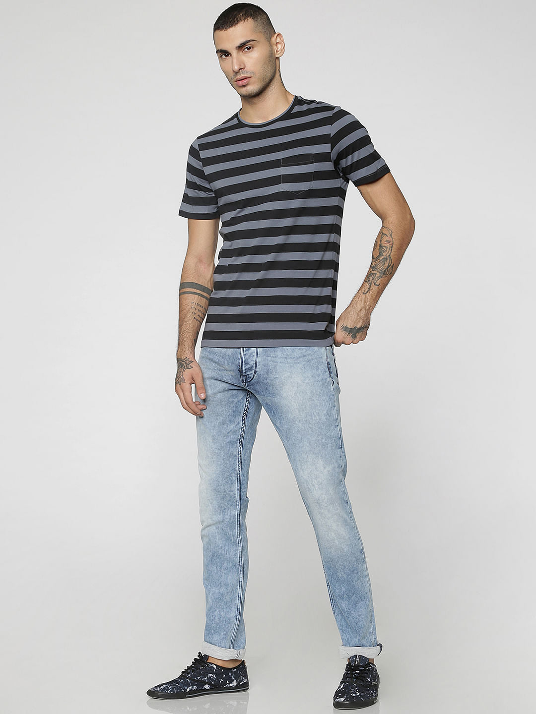 Black Striped One Pocket Crew Neck T-Shirt