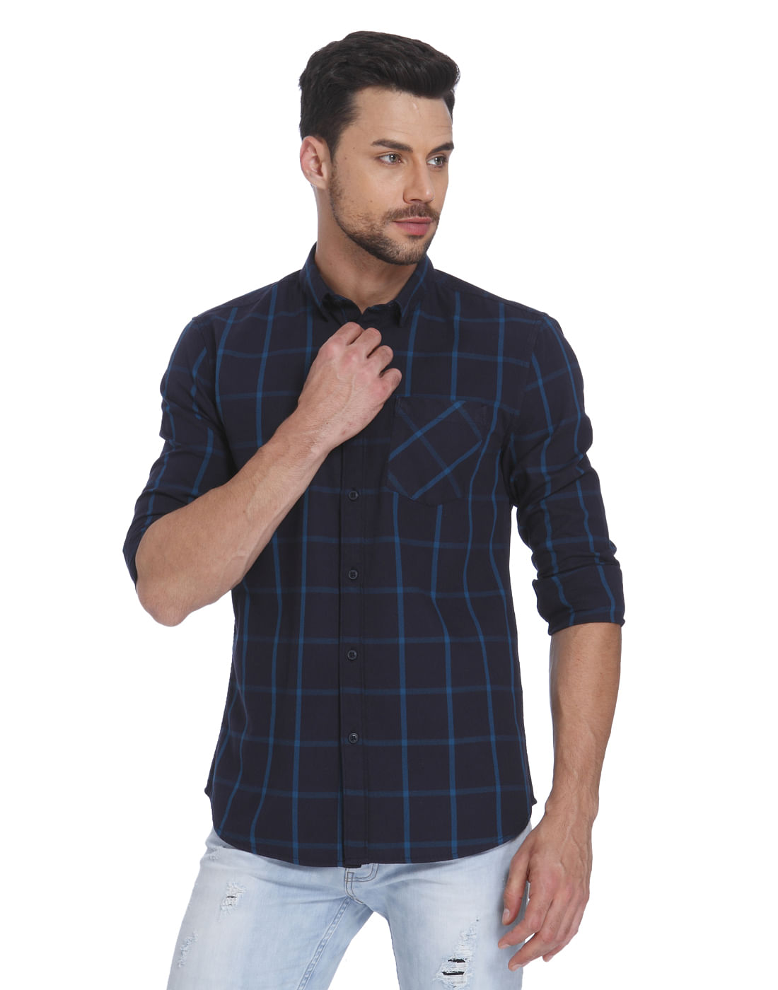 Dark Blue Check Slim Fit Shirt - S