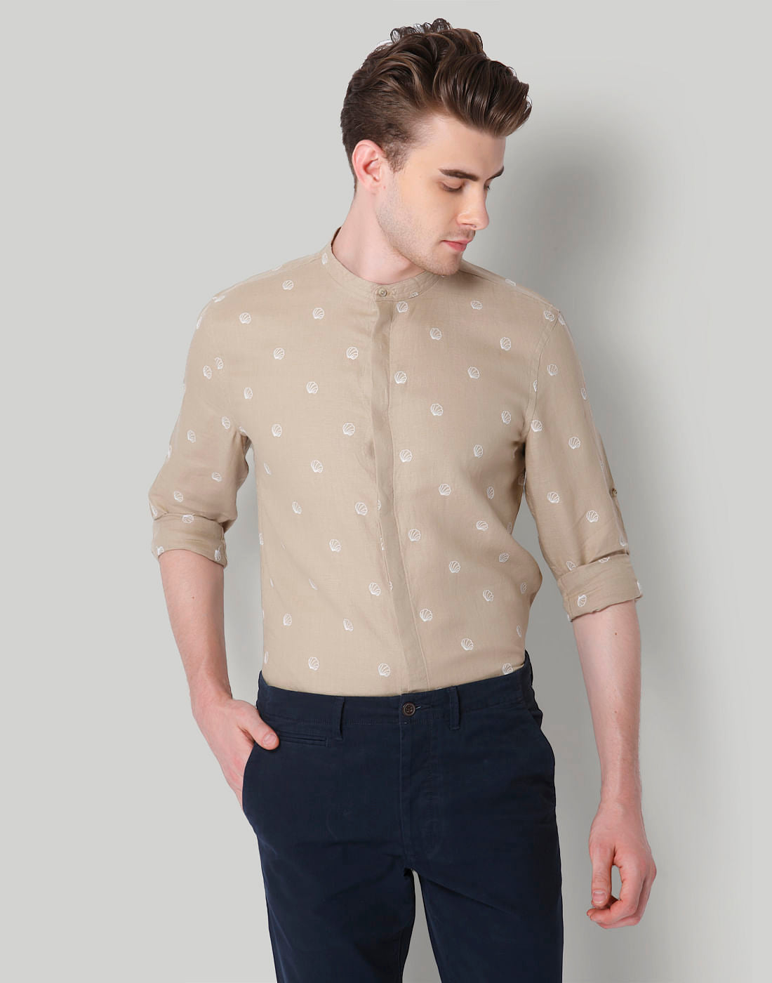 Beige Printed Linen Shirt