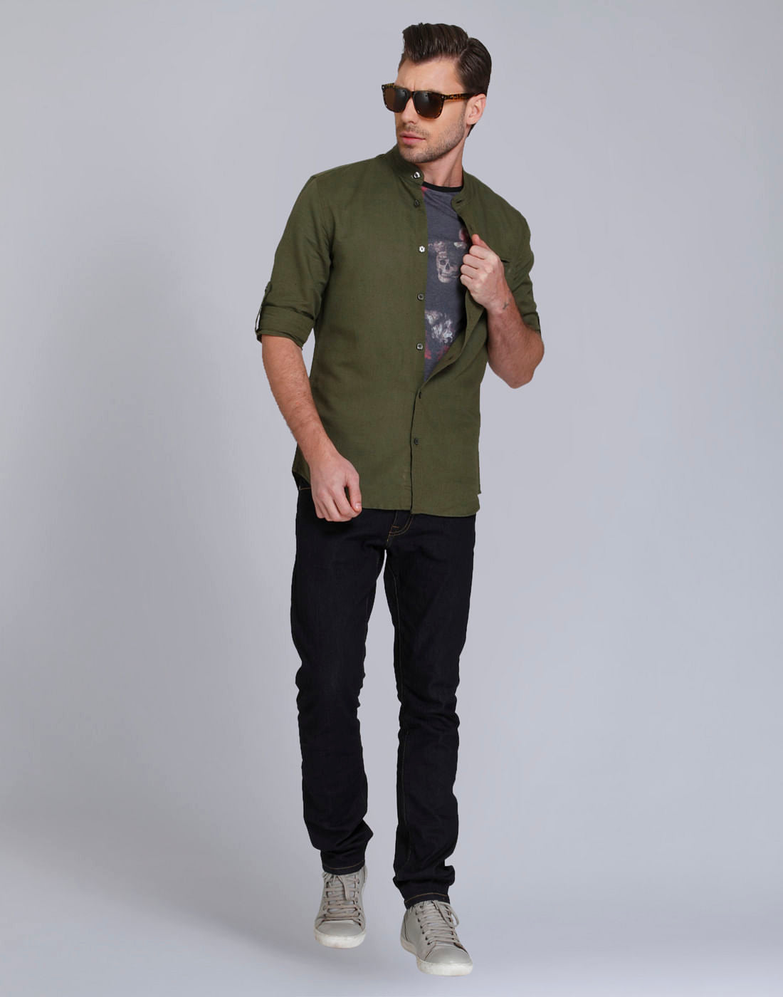 Olive Green Mandarin Collar Linen Shirt