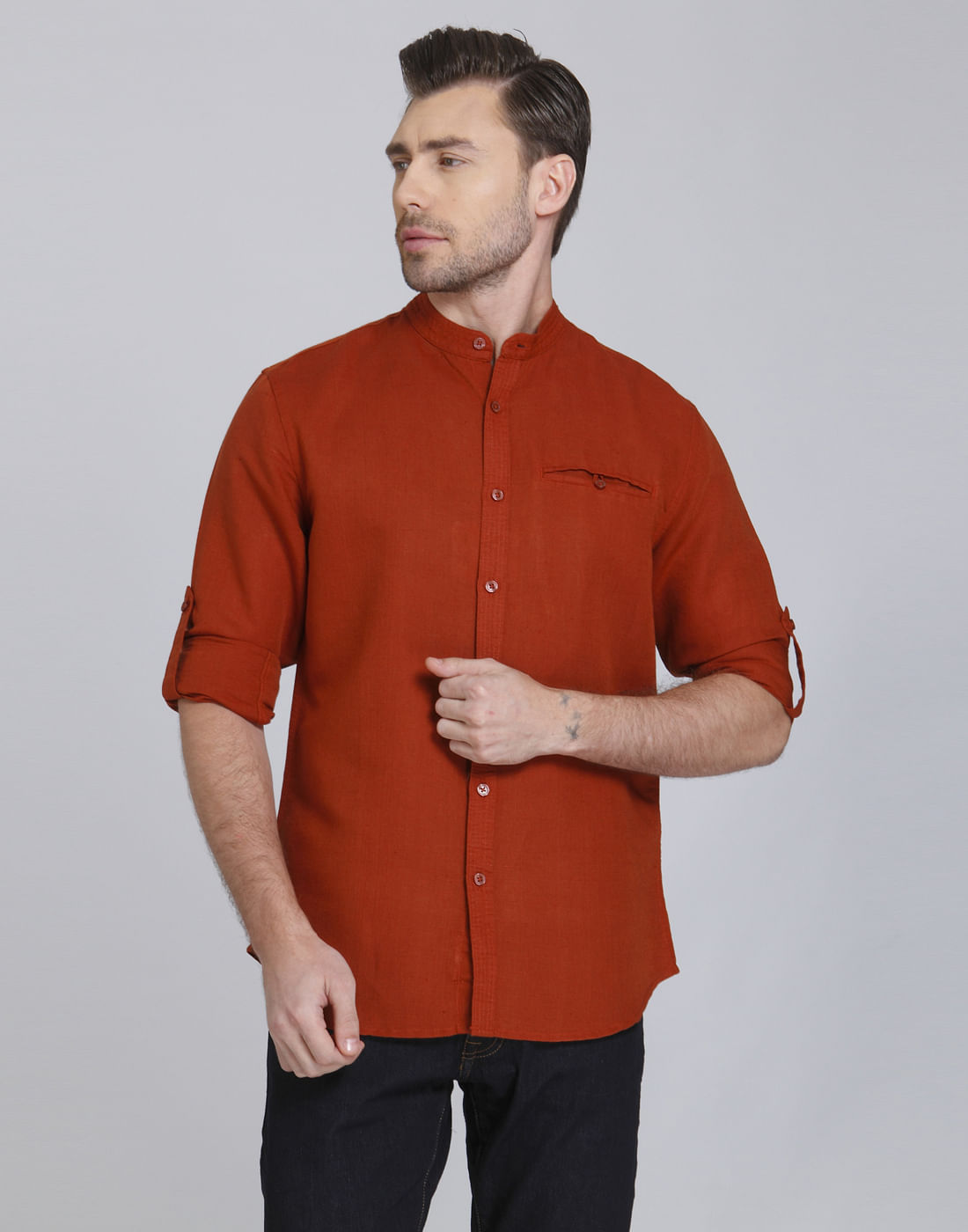 Rust Mandarin Collar Linen Shirt - S