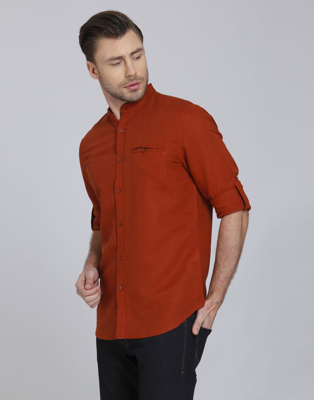 Rust Mandarin Collar Linen Shirt