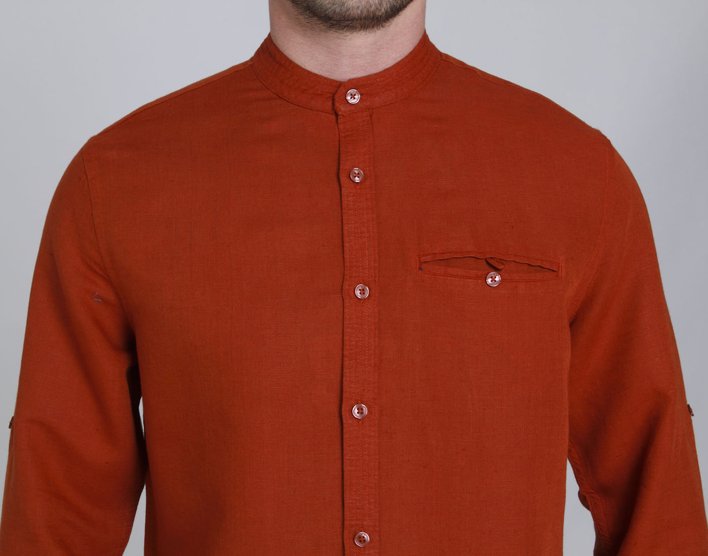 Rust Mandarin Collar Linen Shirt