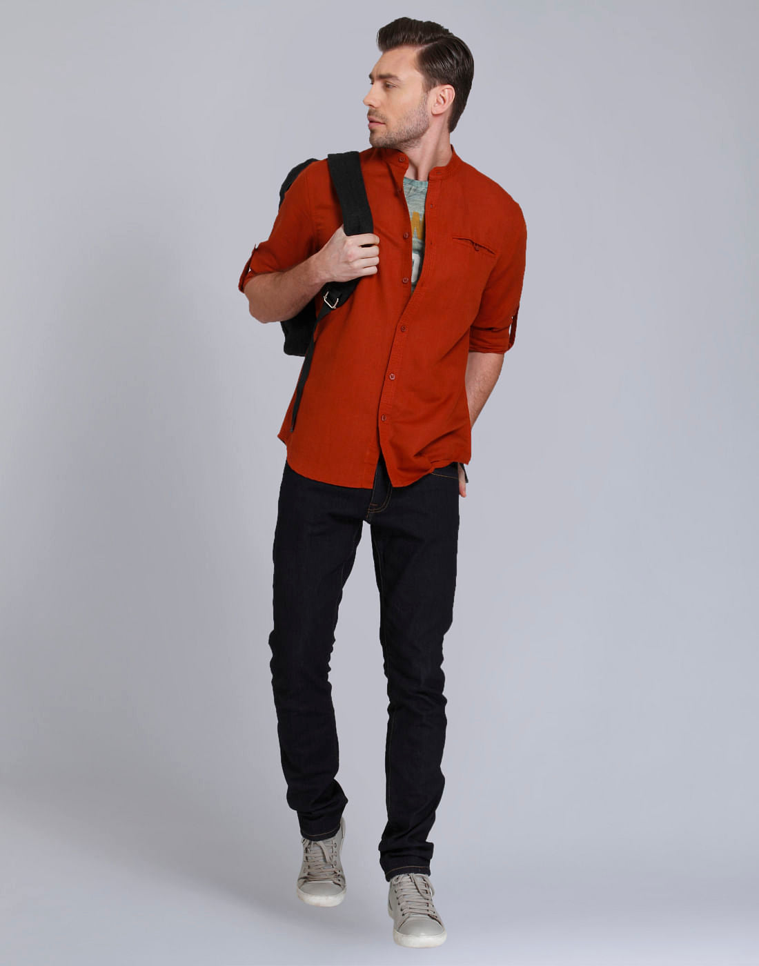Rust Mandarin Collar Linen Shirt