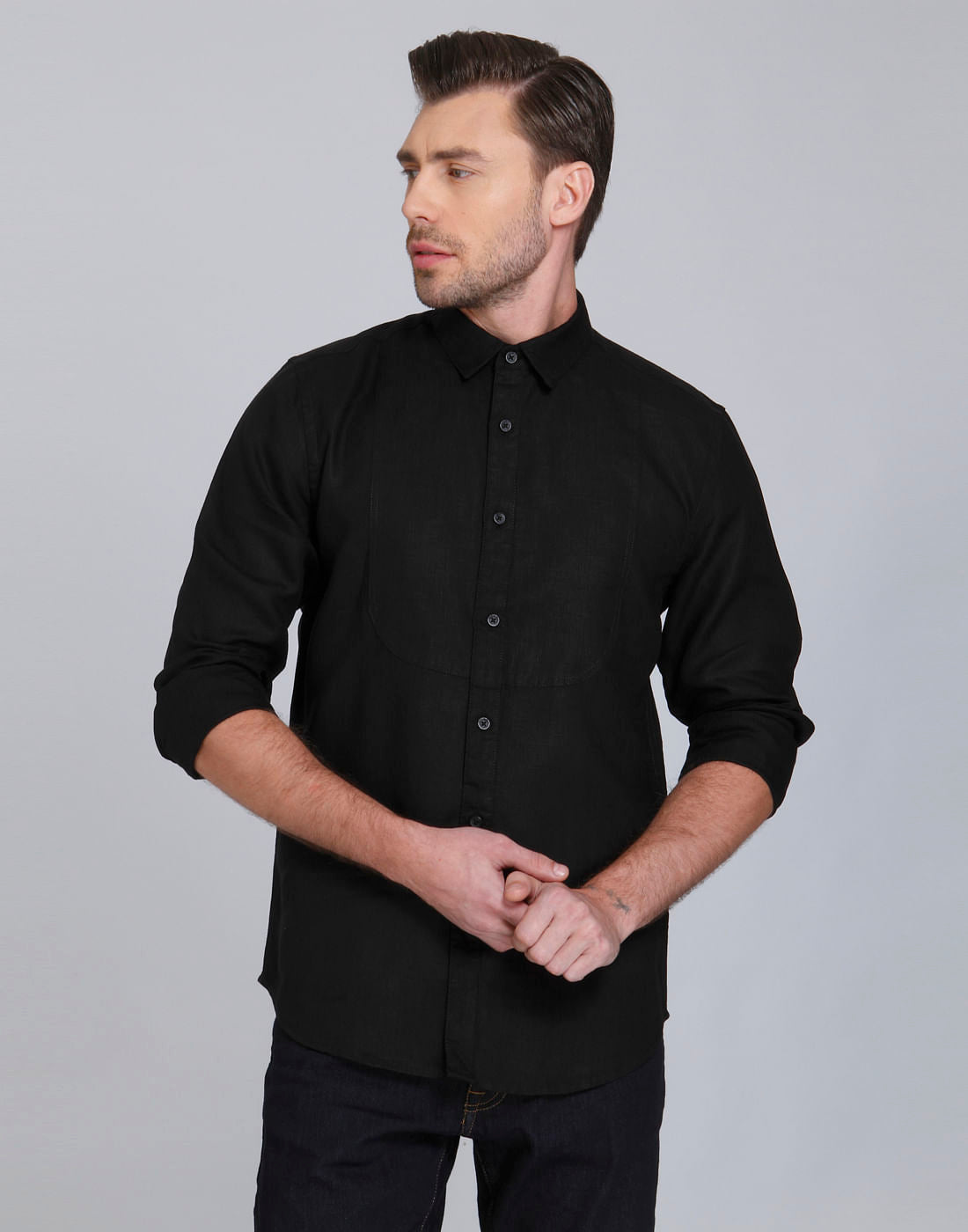 Black Linen Slim Fit Shirt - S
