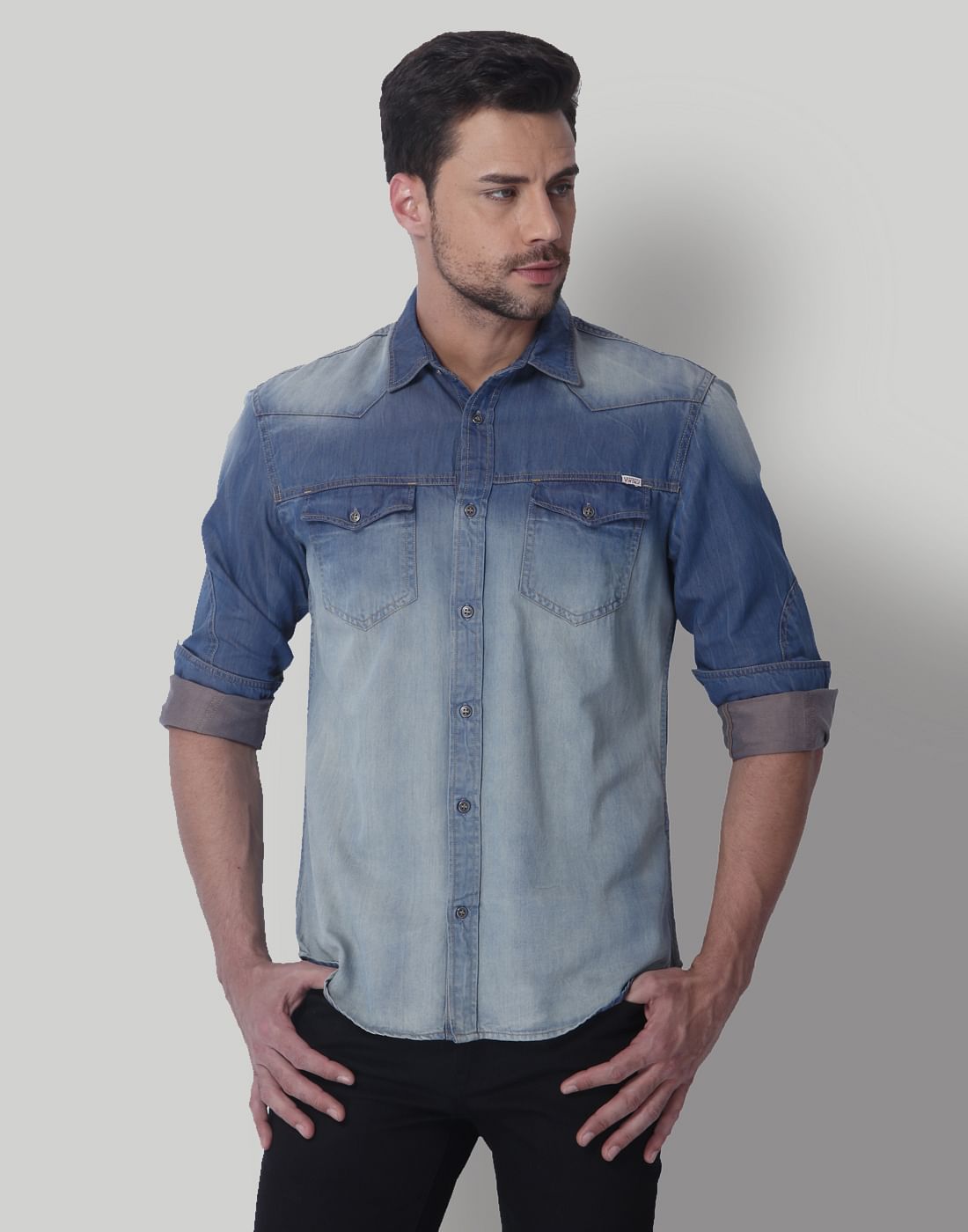 Blue Distressed Denim Shirt - S