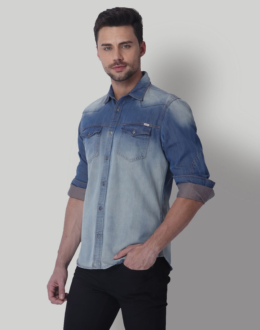 Blue Distressed Denim Shirt