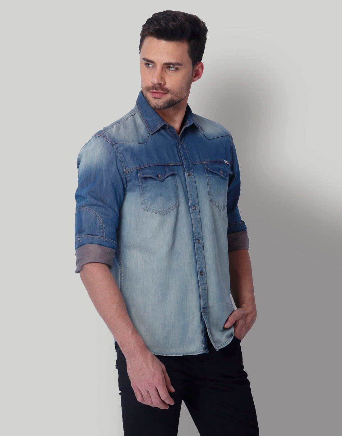 Blue Distressed Denim Shirt