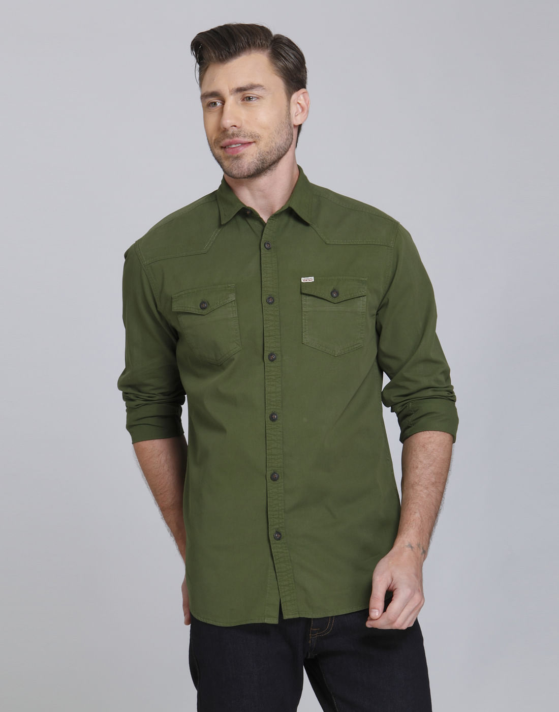 Olive Green Over Dyed Slim Fit Shirt - S