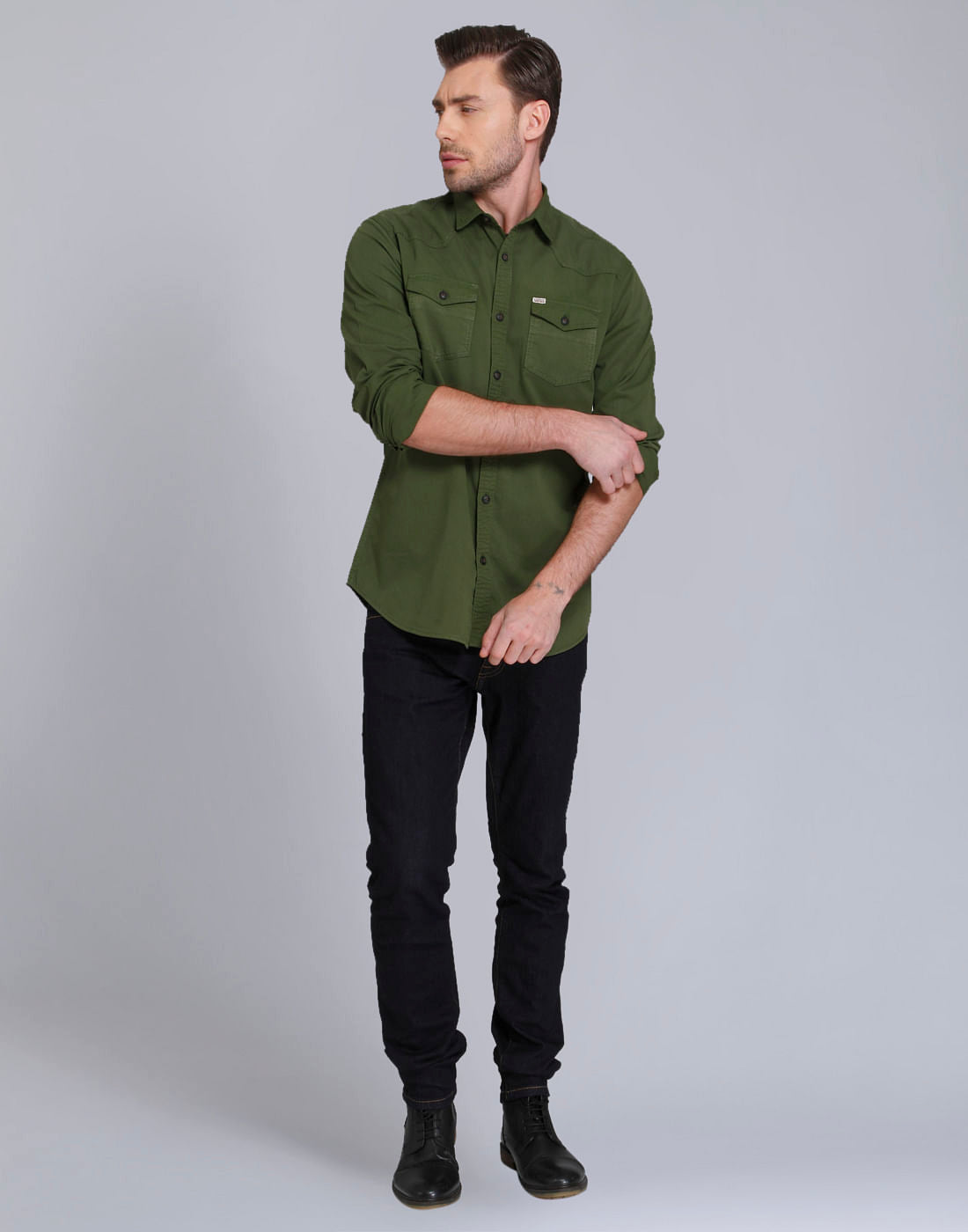 Olive Green Over Dyed Slim Fit Shirt