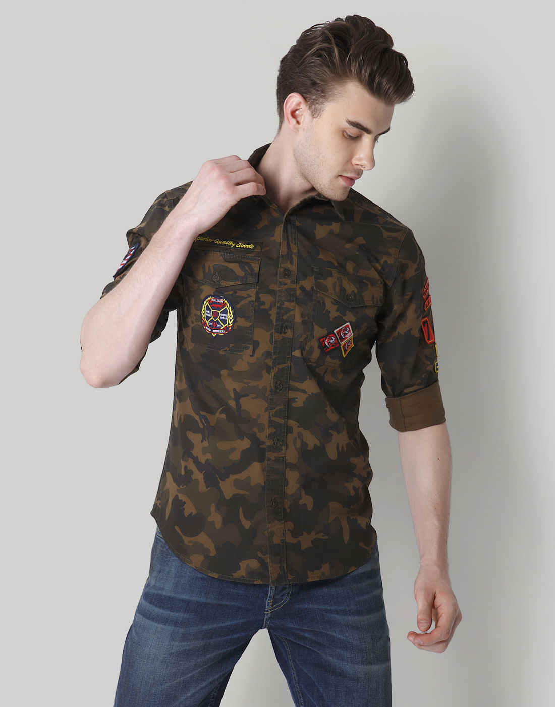 Green Camo And Badge Detail Shirt - S