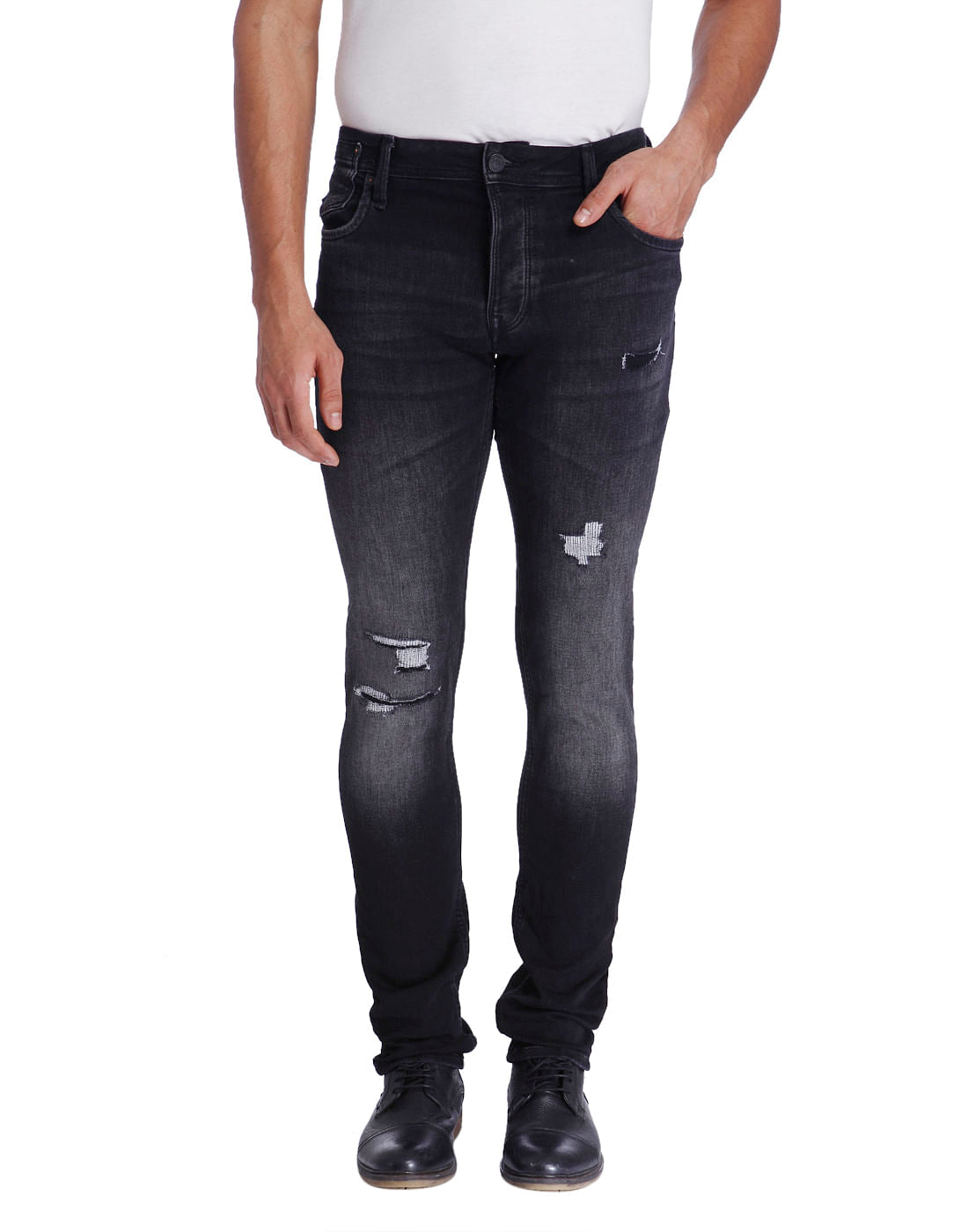 Black Distressed Low Rise Slim Fit Jeans - 28/32