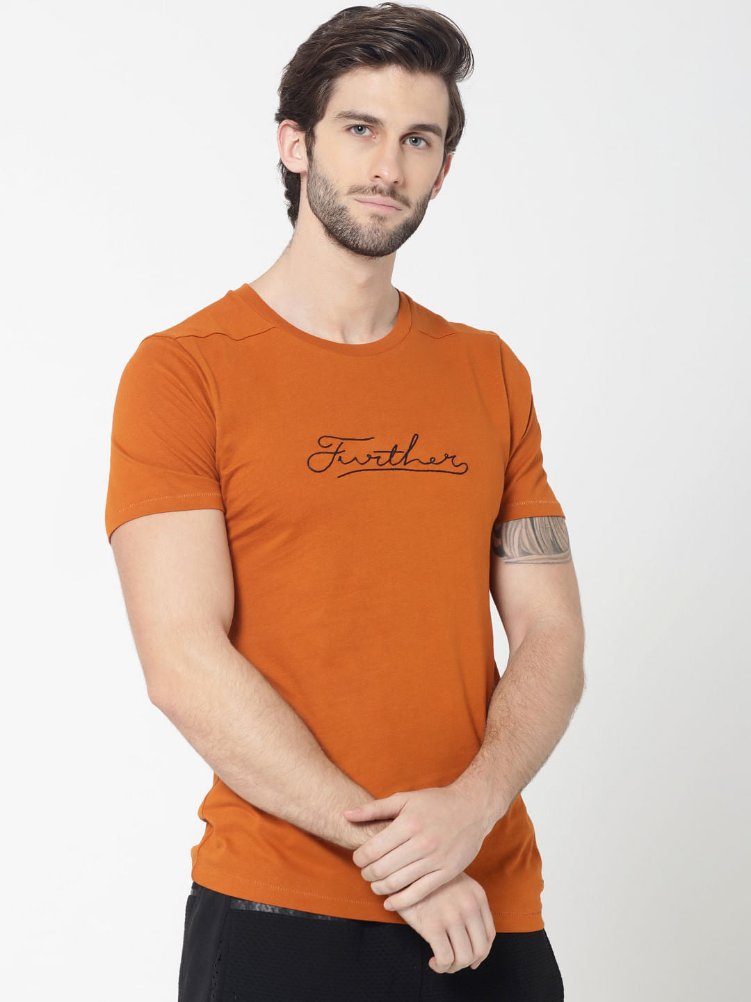 Rust Text Print Crew Neck T-Shirt - S