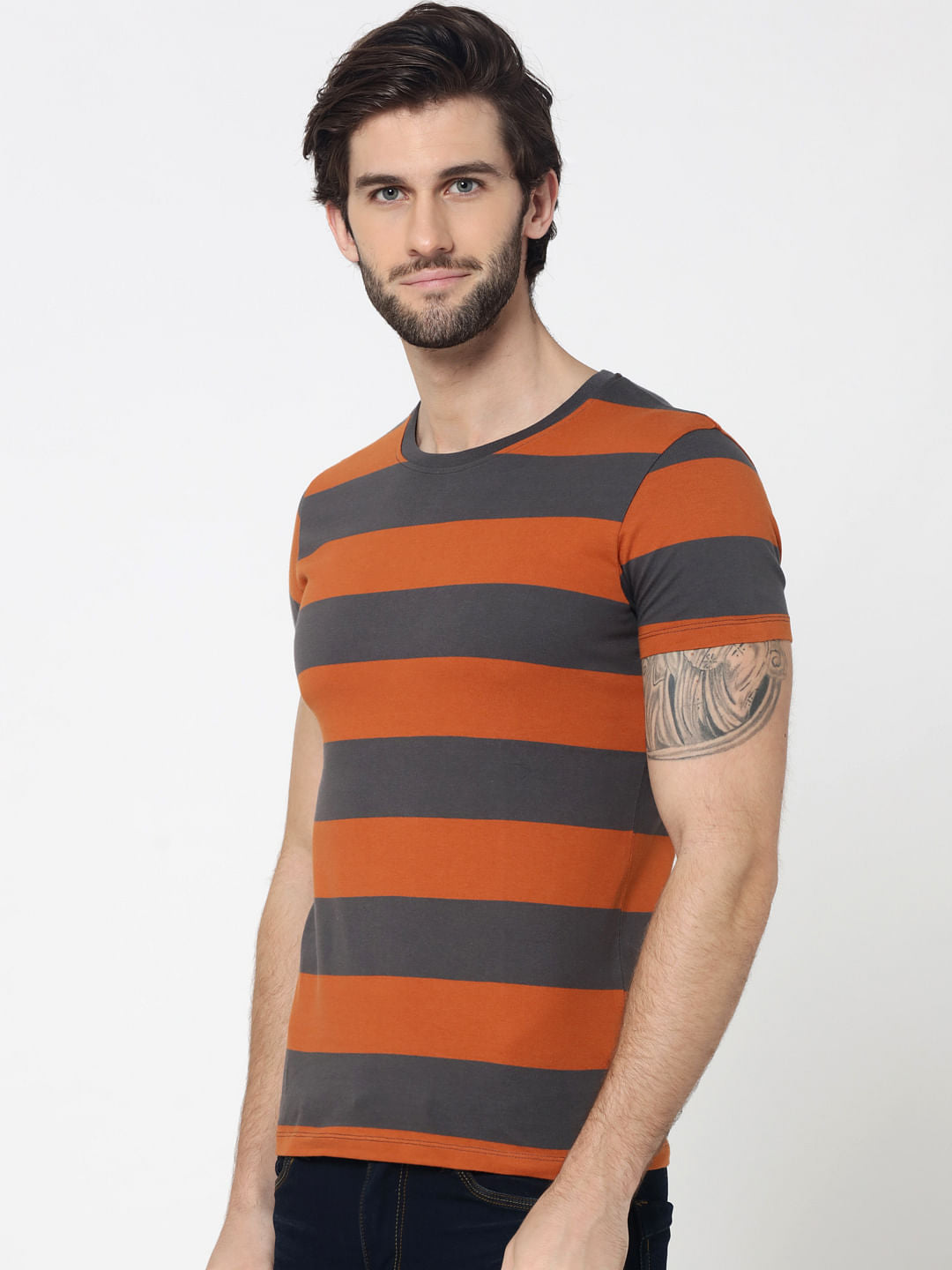 Rust Striped Crew Neck T-Shirt - S