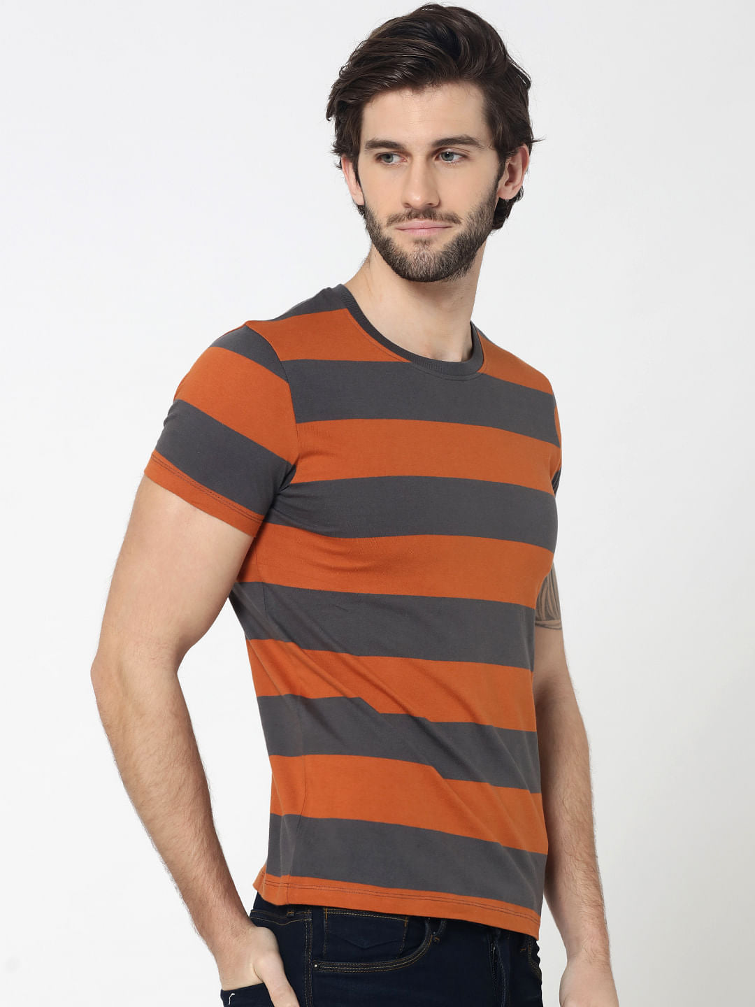 Rust Striped Crew Neck T-Shirt