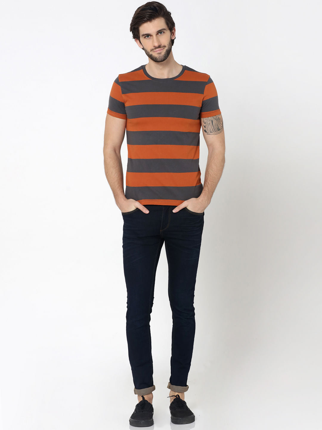 Rust Striped Crew Neck T-Shirt