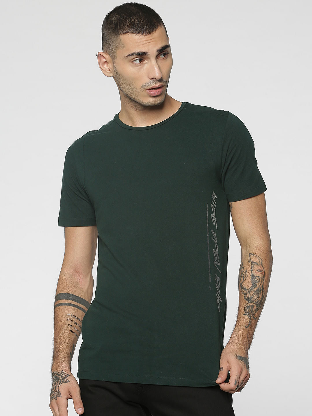 Dark Green Text Print Crew Neck T-Shirt - S