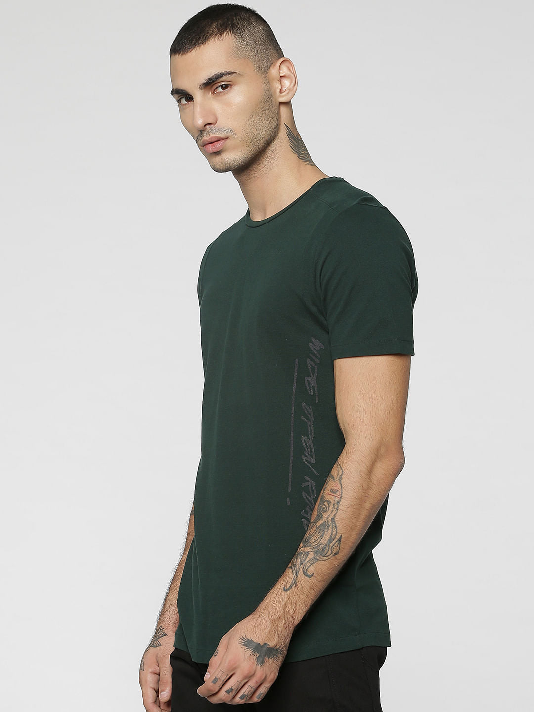 Dark Green Text Print Crew Neck T-Shirt
