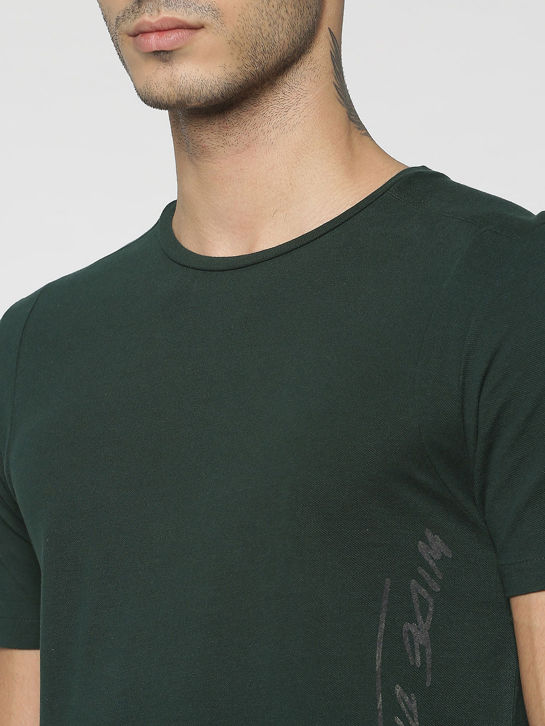 Dark Green Text Print Crew Neck T-Shirt