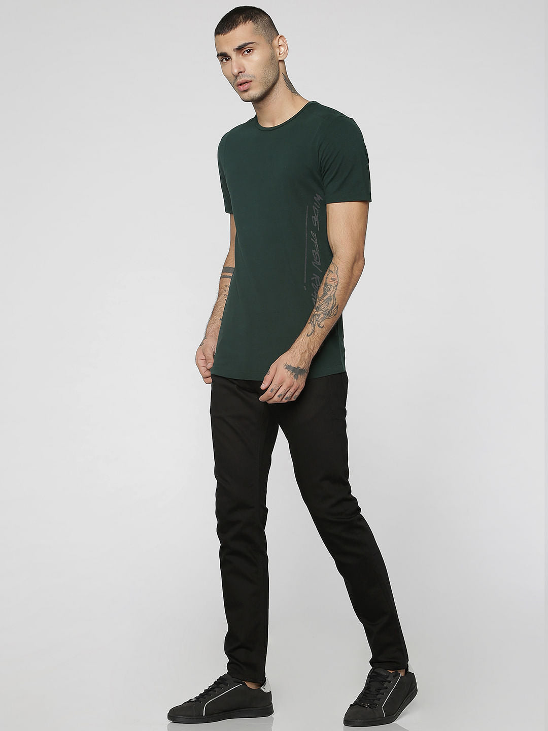 Dark Green Text Print Crew Neck T-Shirt
