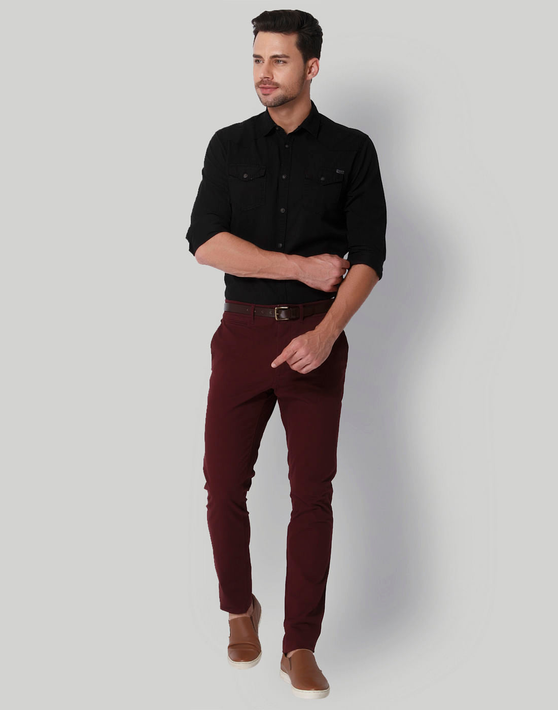 Burgundy Mid Rise Slim Fit Pants