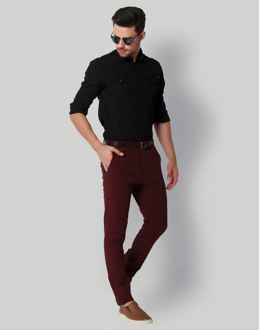 Burgundy Mid Rise Slim Fit Pants