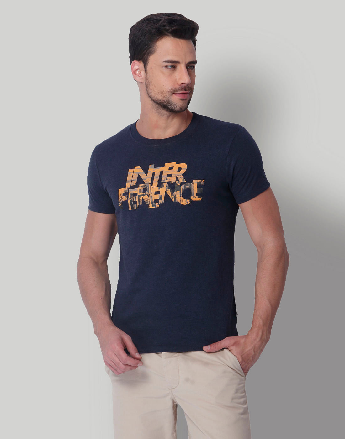 Blue Text Print Crew Neck T-Shirt - S