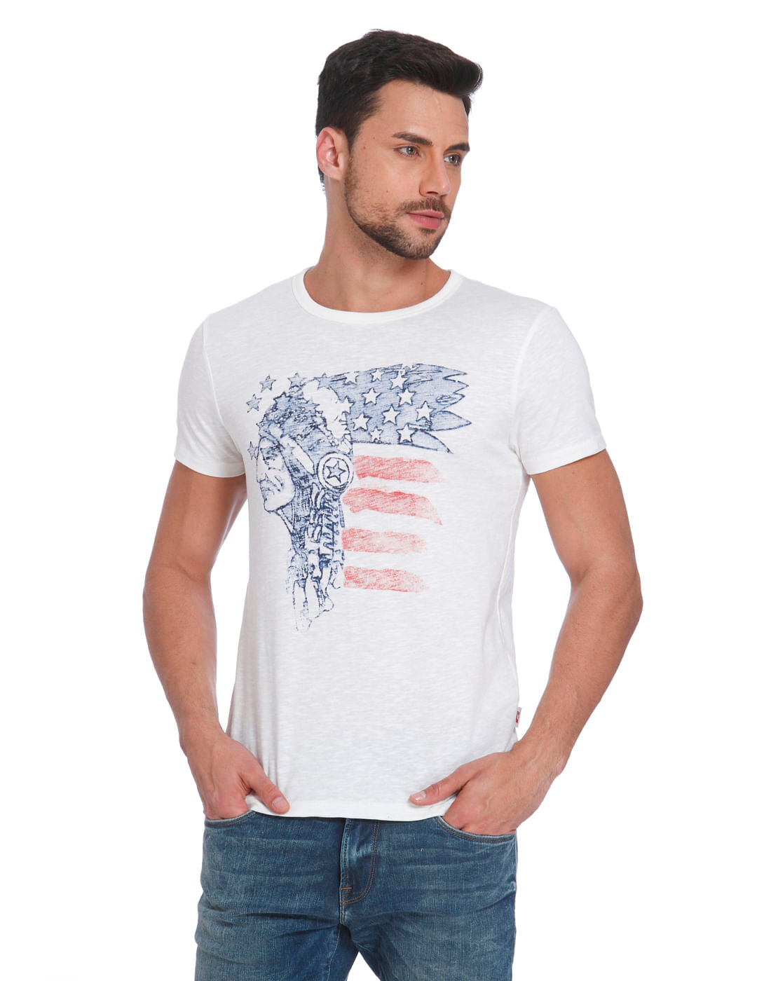 White Printed Crew Neck T-Shirt - S