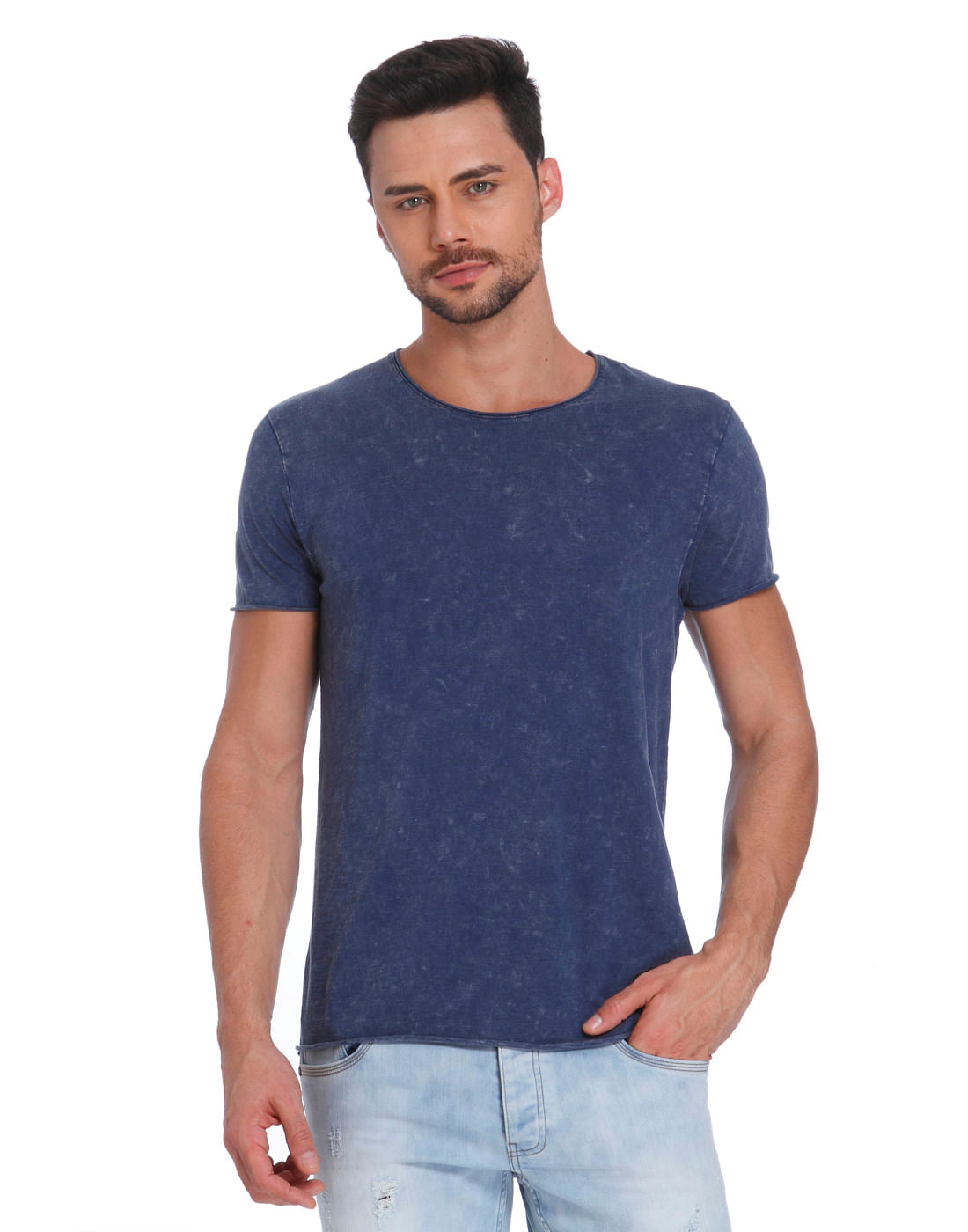 Textured Blue Crew Neck T-Shirt - S