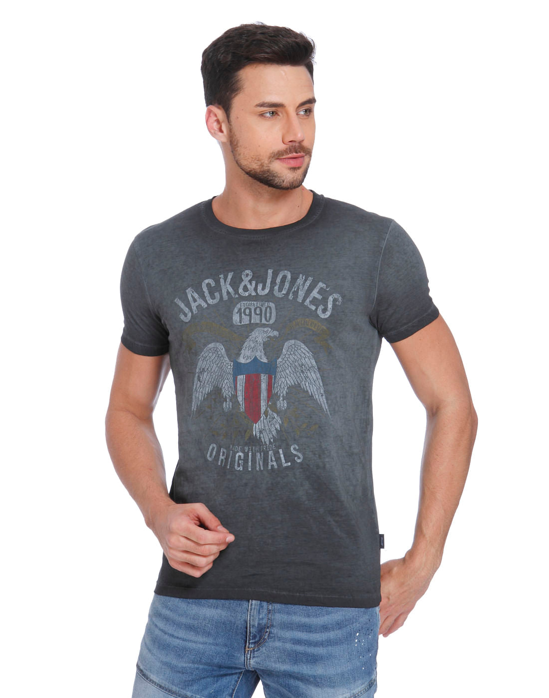 Dark Grey Eagle Print Crew Neck T-Shirt - S