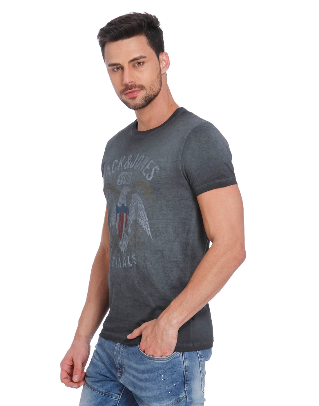 Dark Grey Eagle Print Crew Neck T-Shirt
