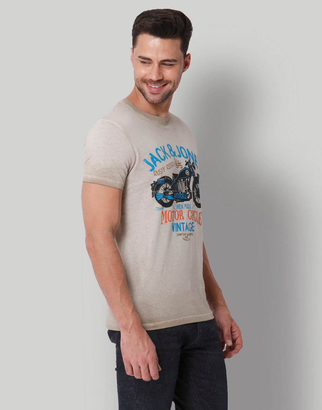 Beige Motorcycle Print Crew Neck T-Shirt