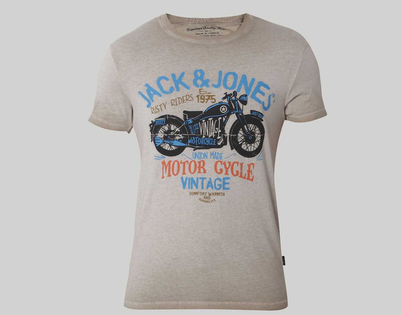 Beige Motorcycle Print Crew Neck T-Shirt