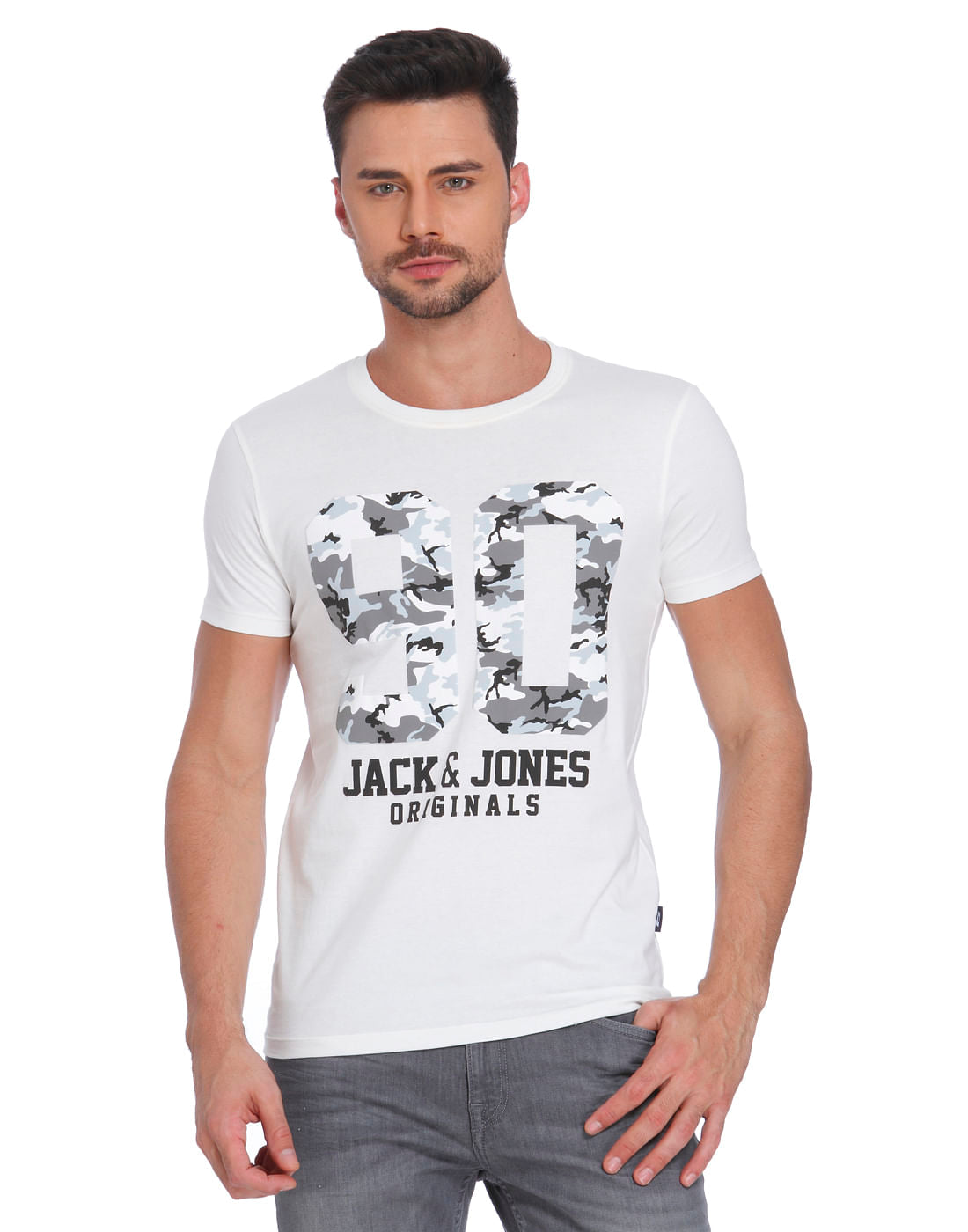 White Camo Graphic Print Crew Neck T-Shirt - S