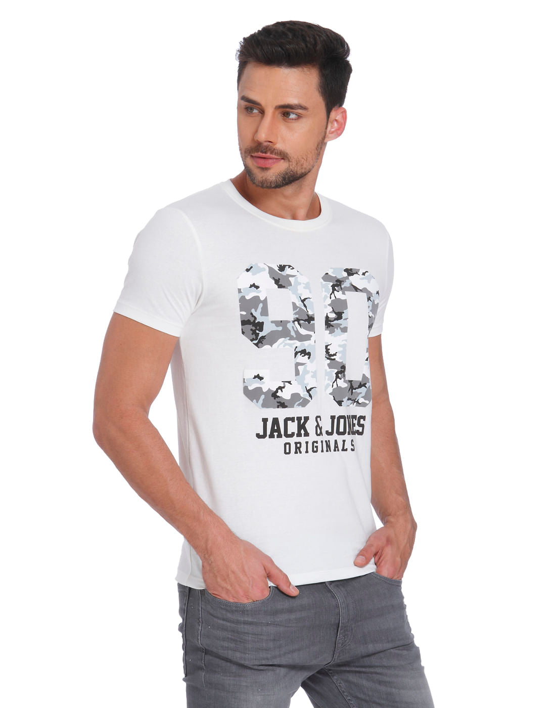 White Camo Graphic Print Crew Neck T-Shirt