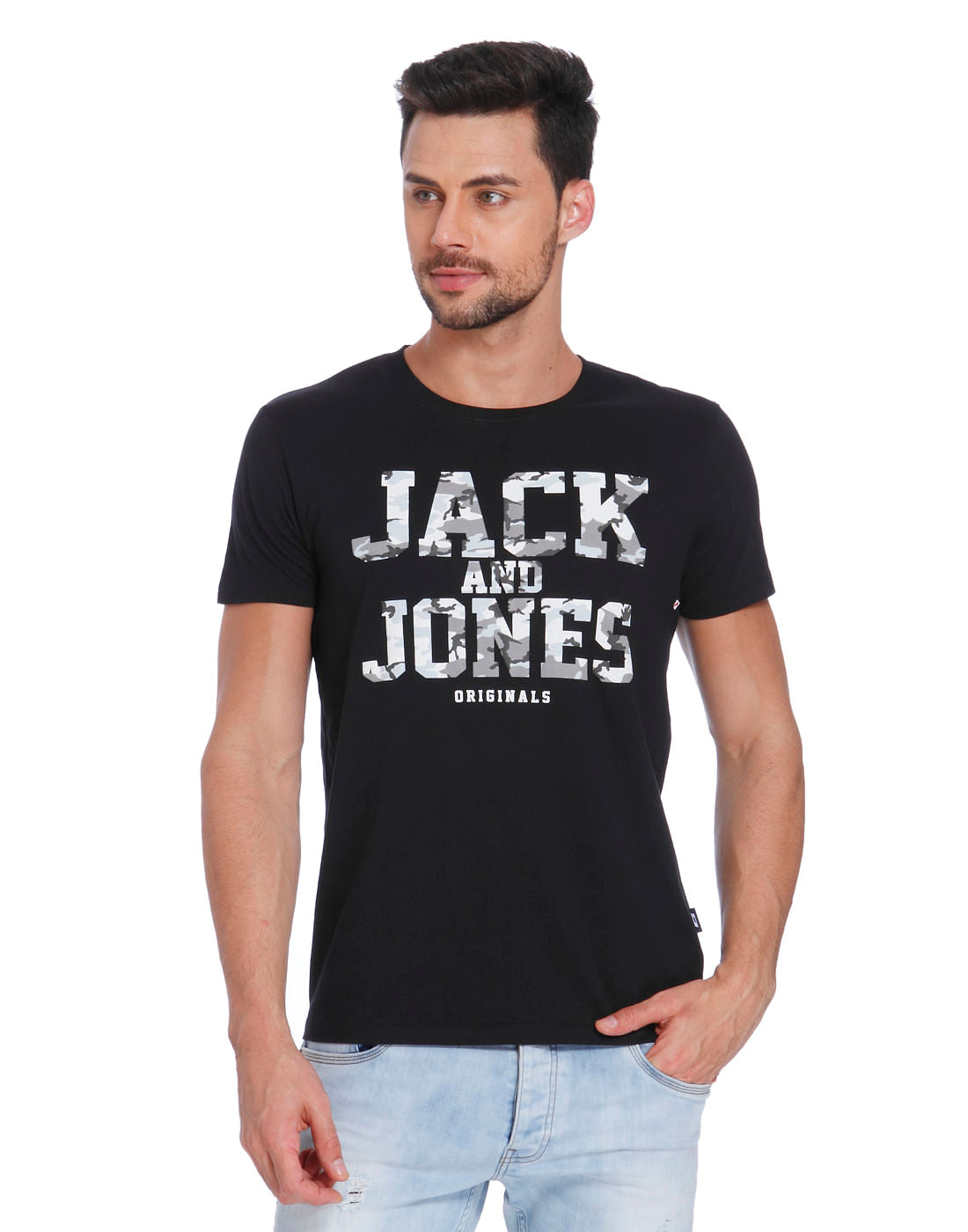 Black Camo Graphic Print Crew Neck T-Shirt - S
