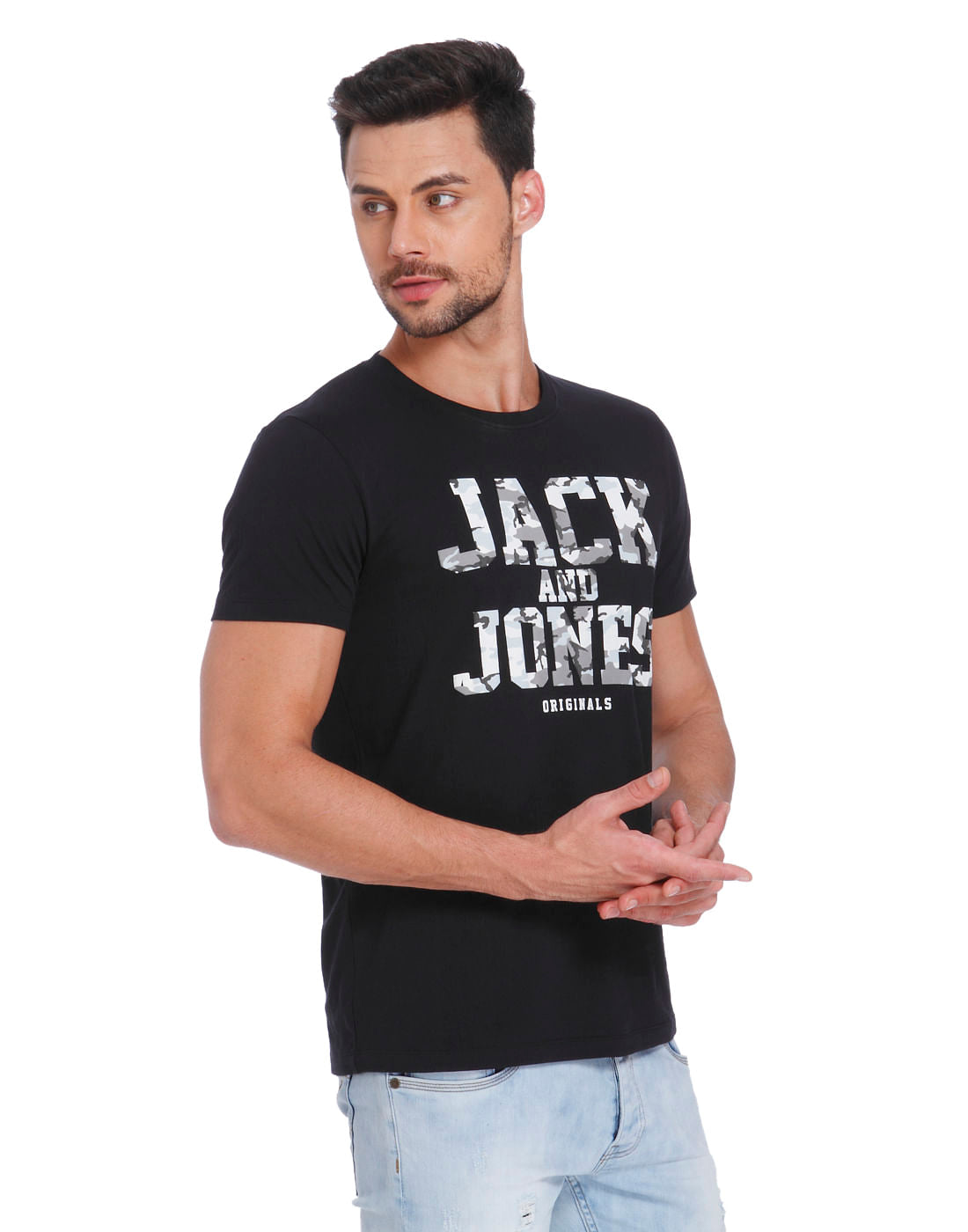 Black Camo Graphic Print Crew Neck T-Shirt
