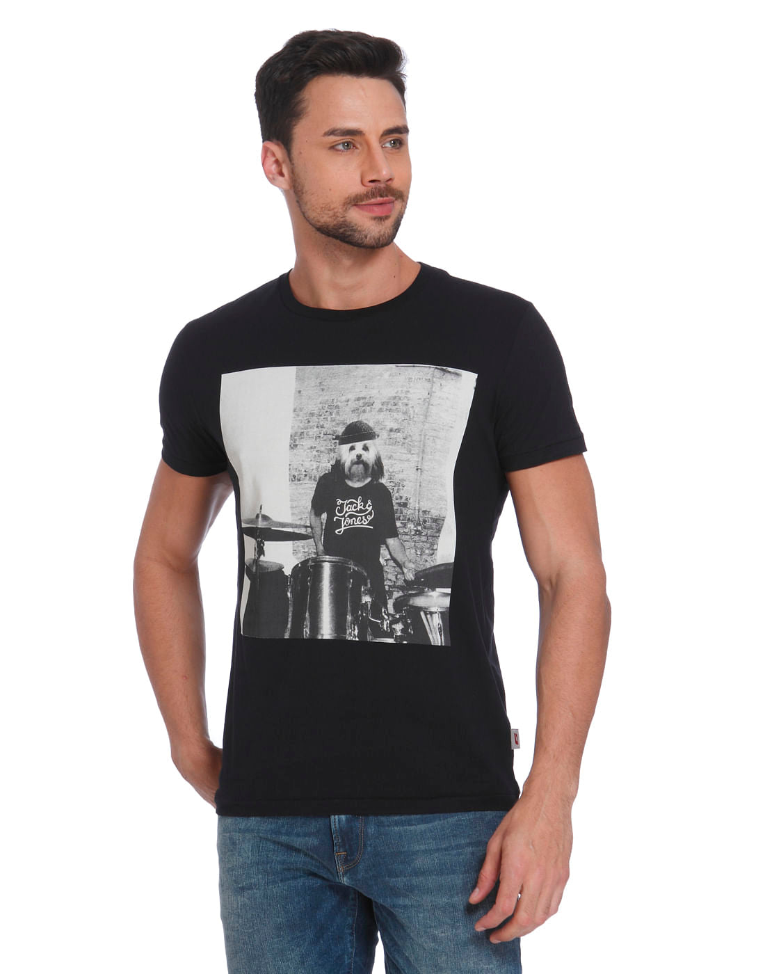 Black Dog Print Crew Neck T-Shirt - S