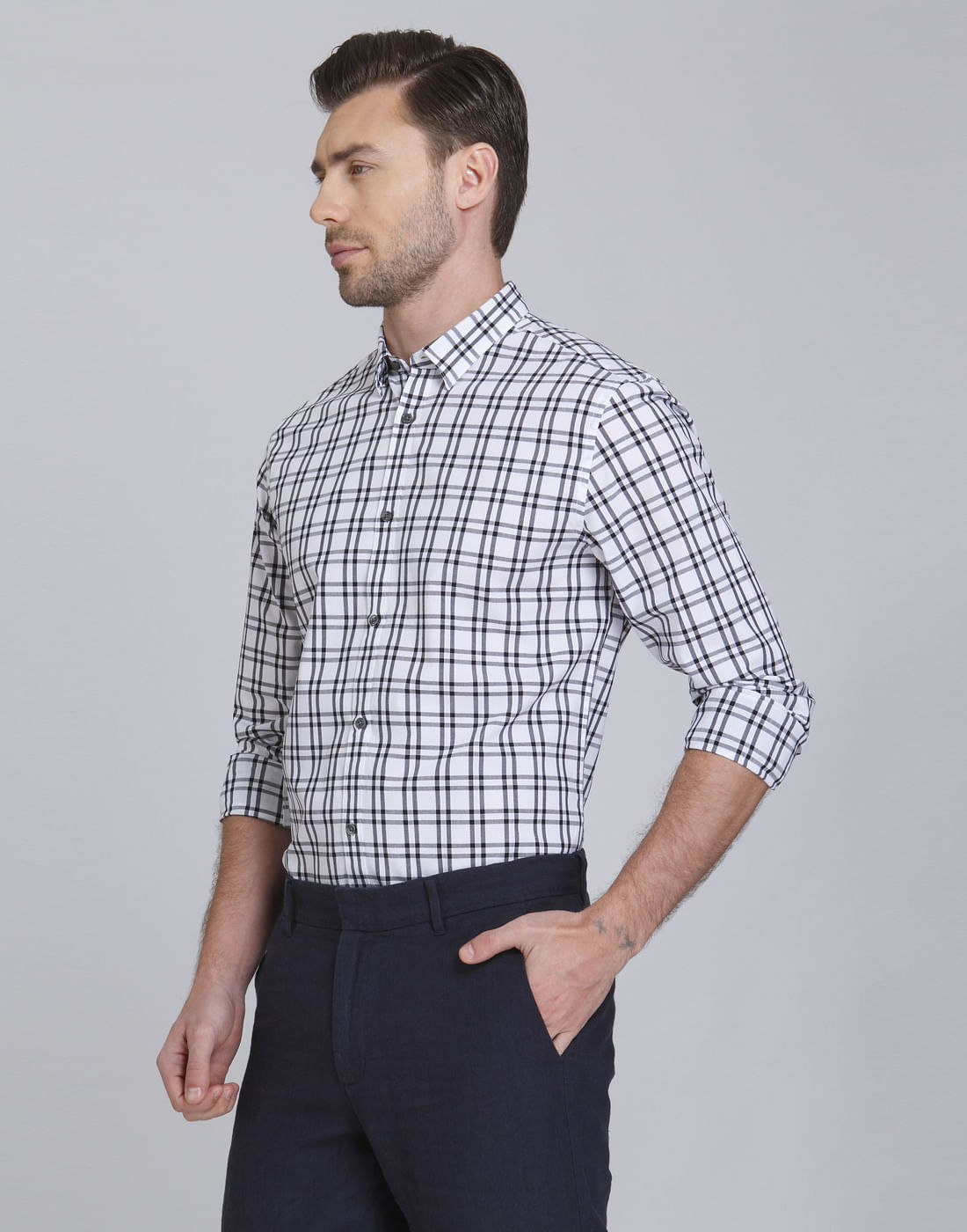 White & Black Check Slim Fit Shirt
