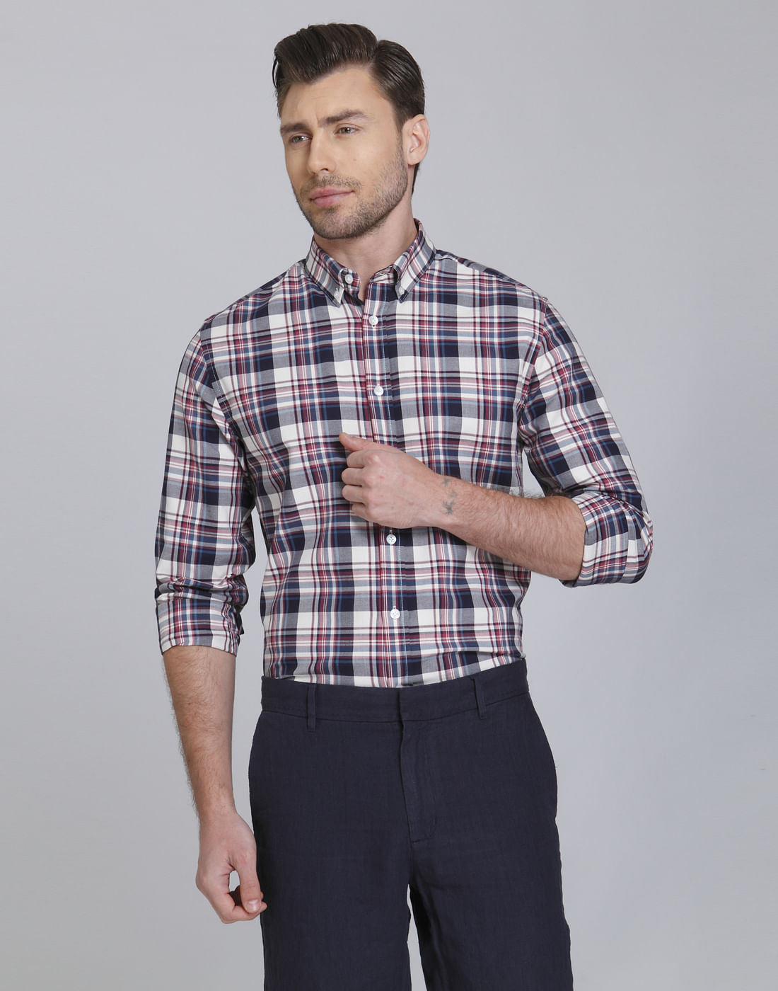 Dark Blue & Red Check Slim Fit Shirt - S