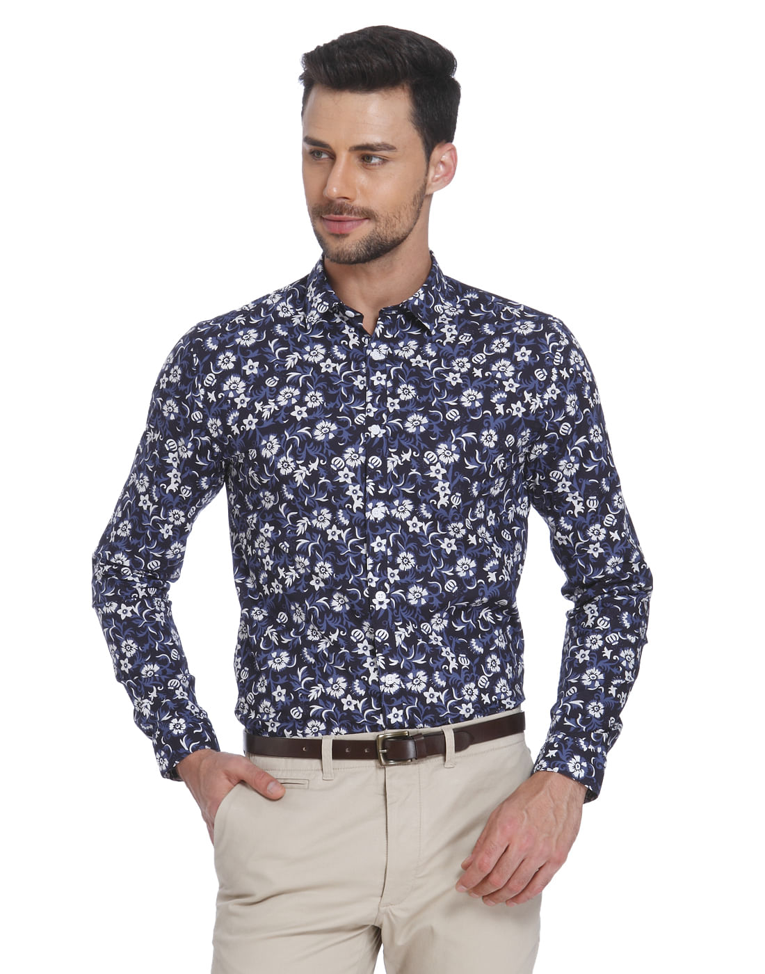 Dark Blue Floral Print Slim Fit Shirt - S