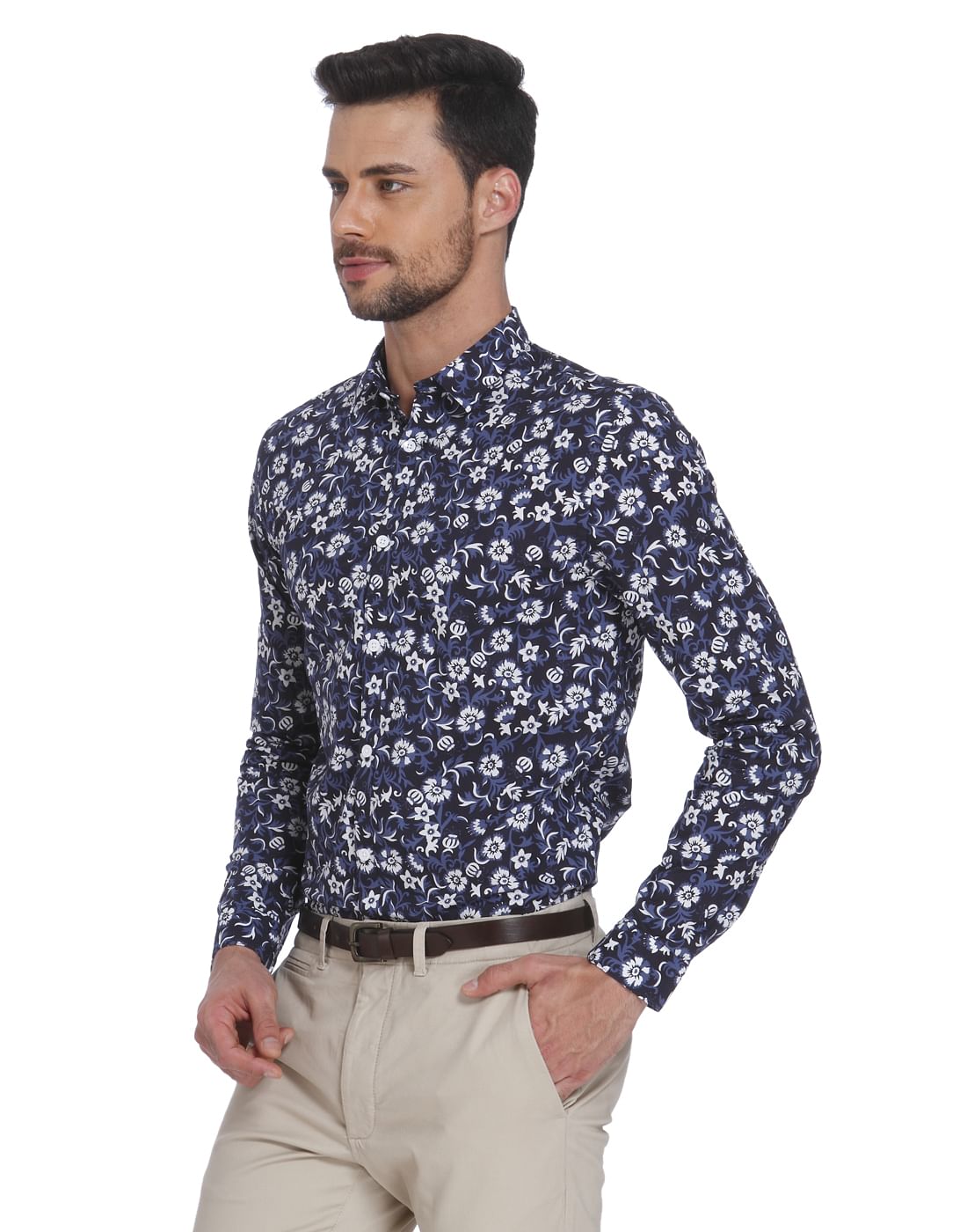 Dark Blue Floral Print Slim Fit Shirt