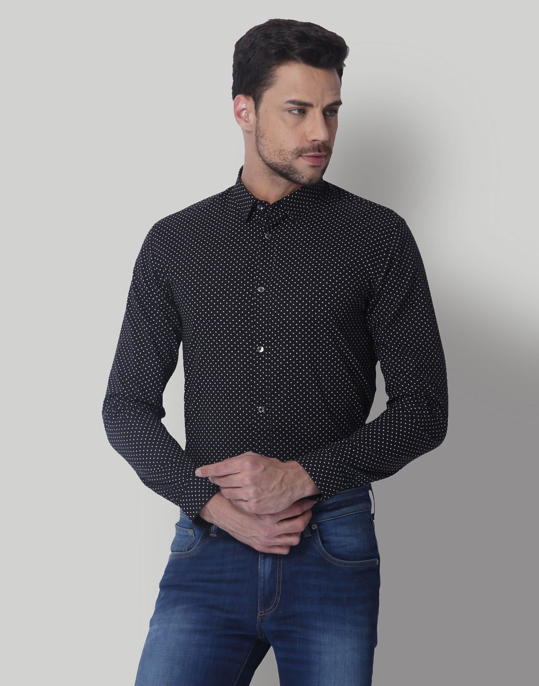 Black Dotted Slim Fit Shirt - S
