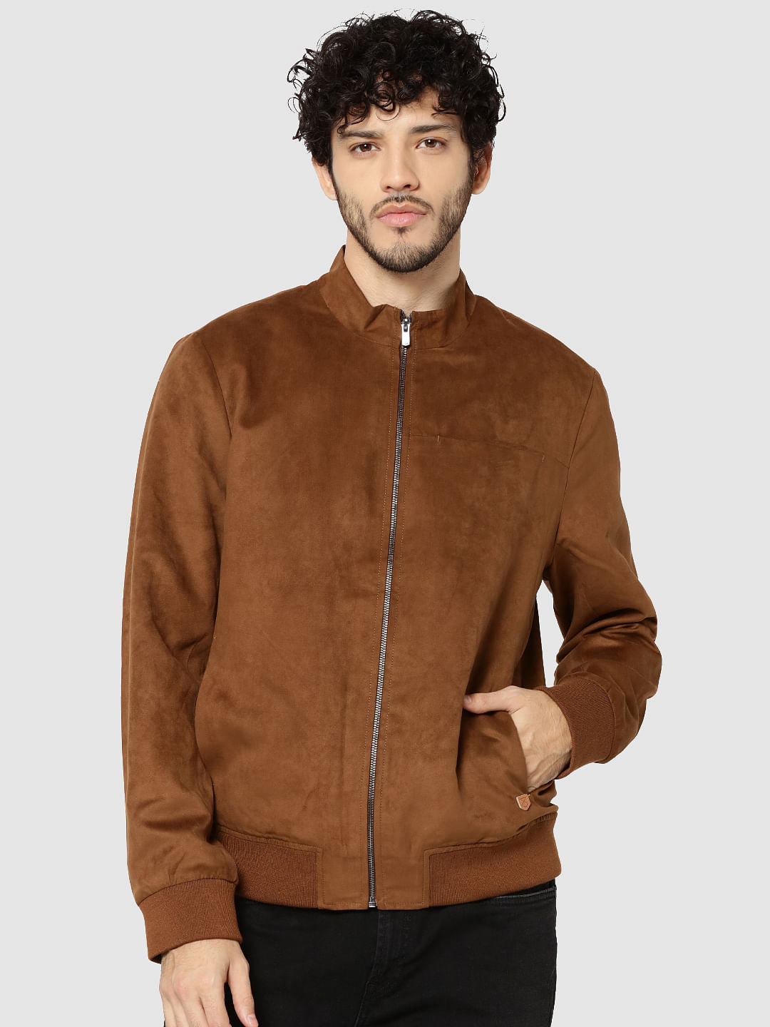 Brown Suede Bomber Jacket - S