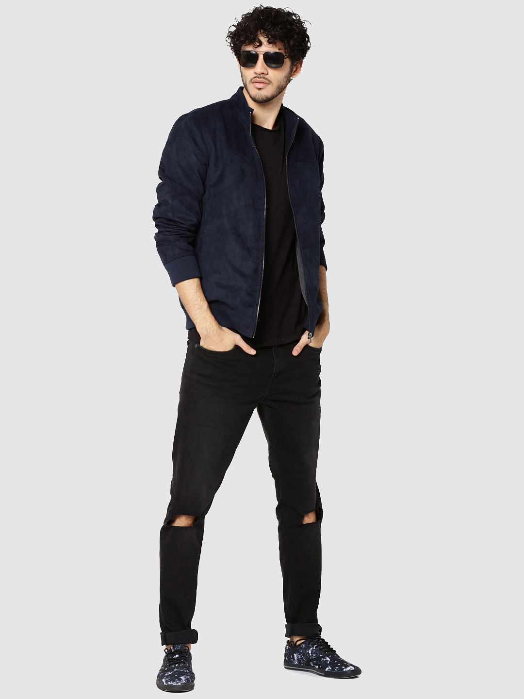 Dark Blue Suede Bomber Jacket
