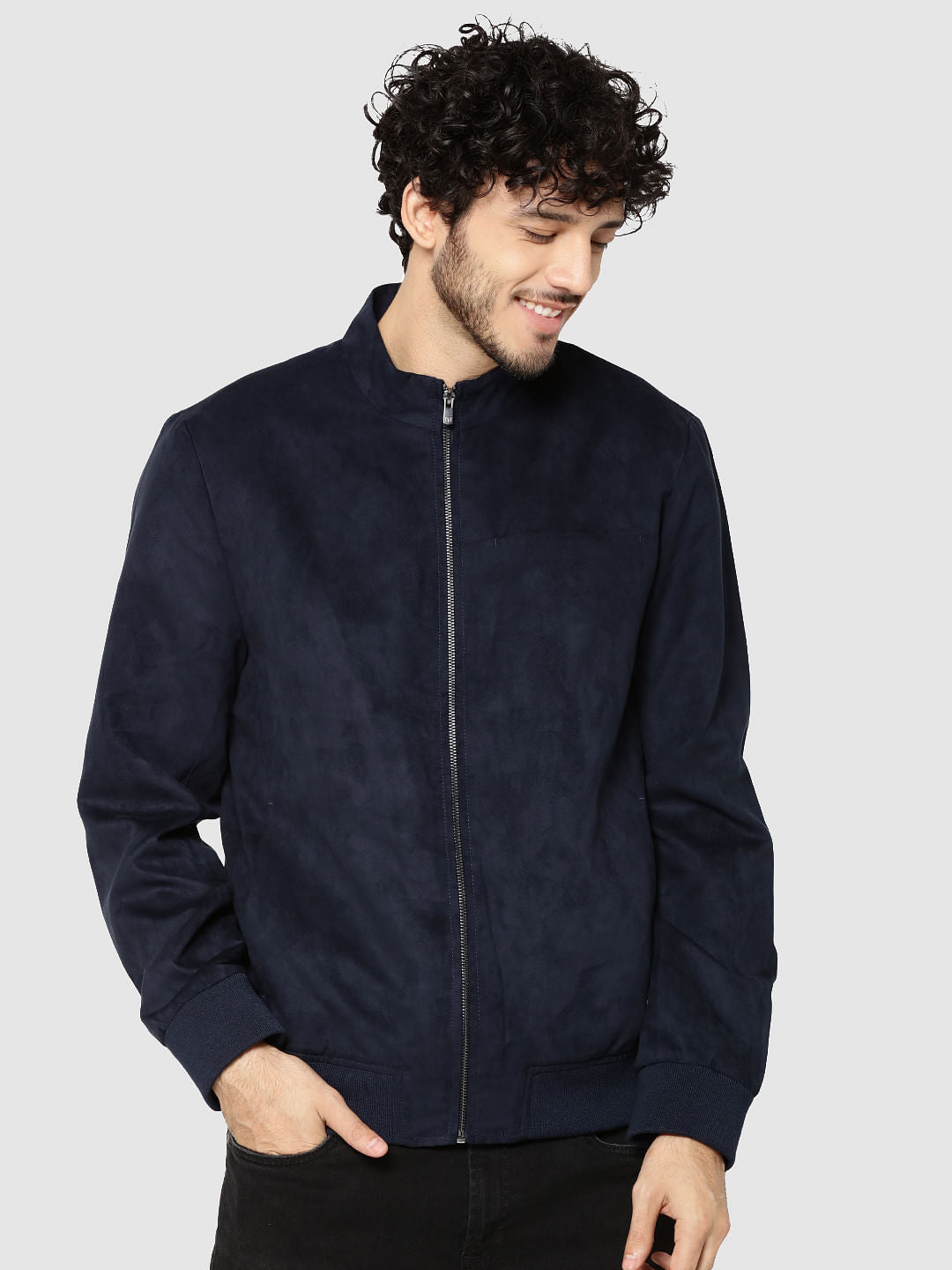 Dark Blue Suede Bomber Jacket - S