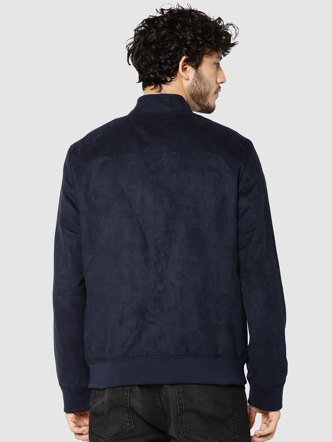Dark Blue Suede Bomber Jacket