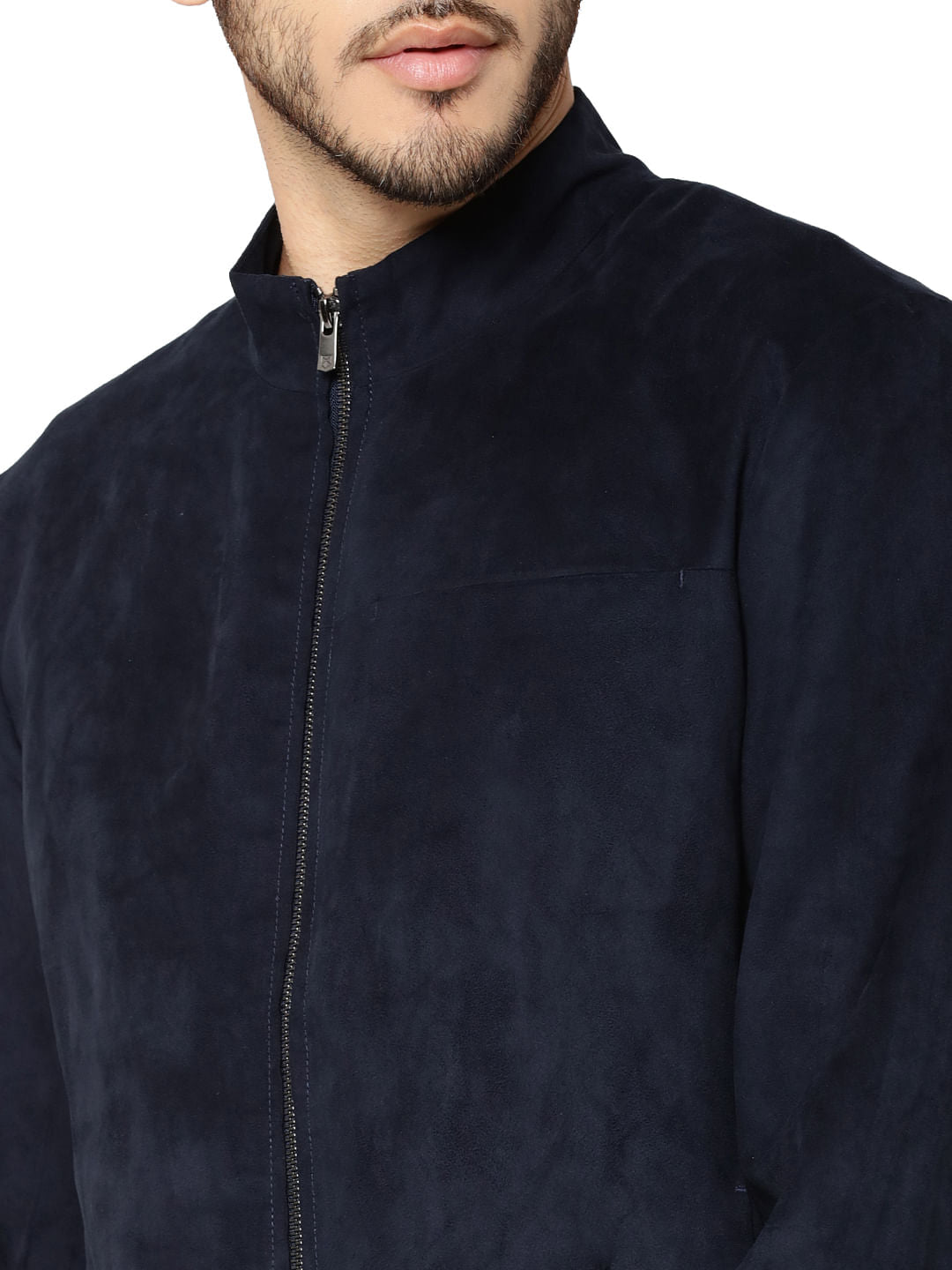 Dark Blue Suede Bomber Jacket