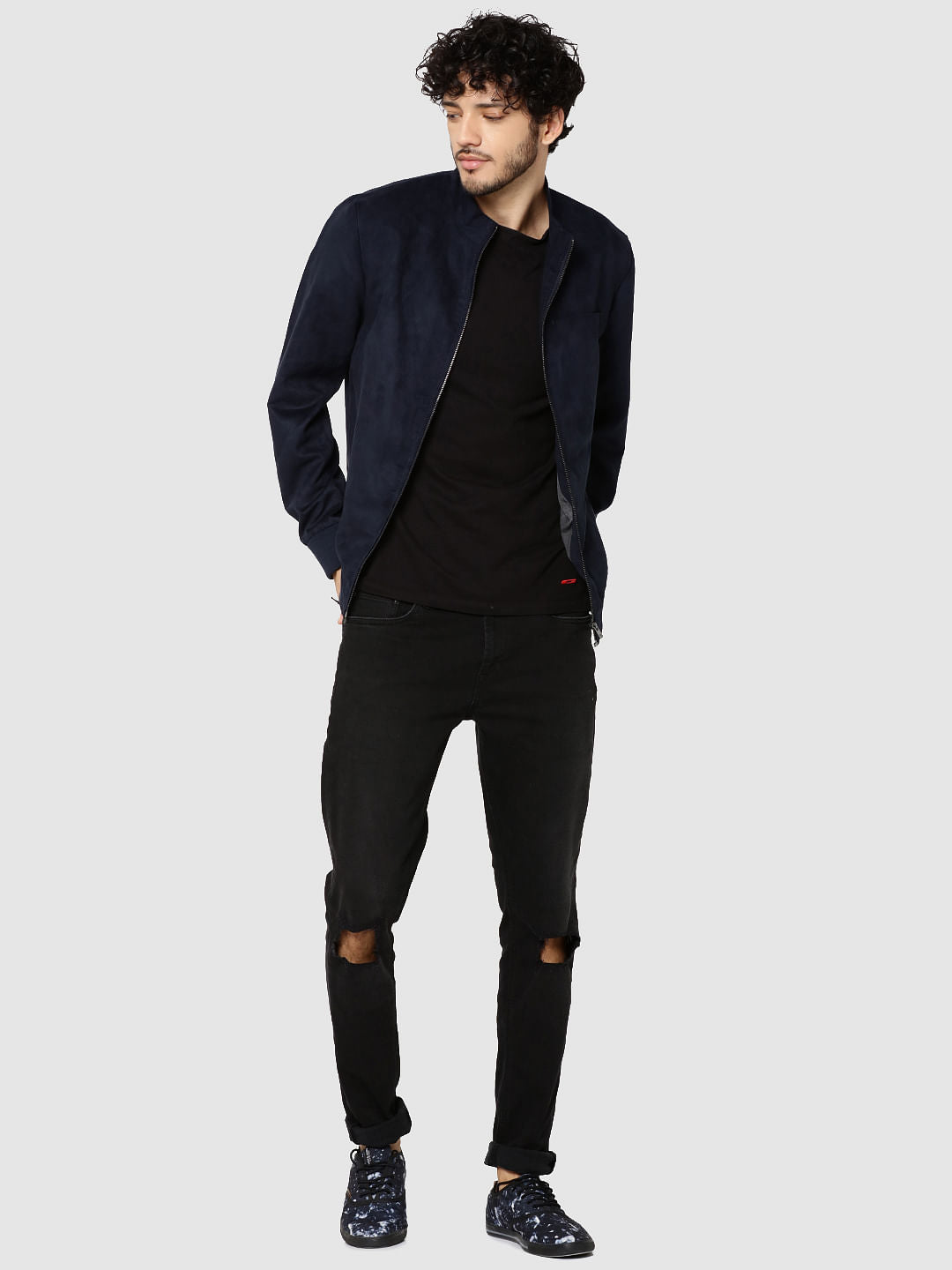 Dark Blue Suede Bomber Jacket