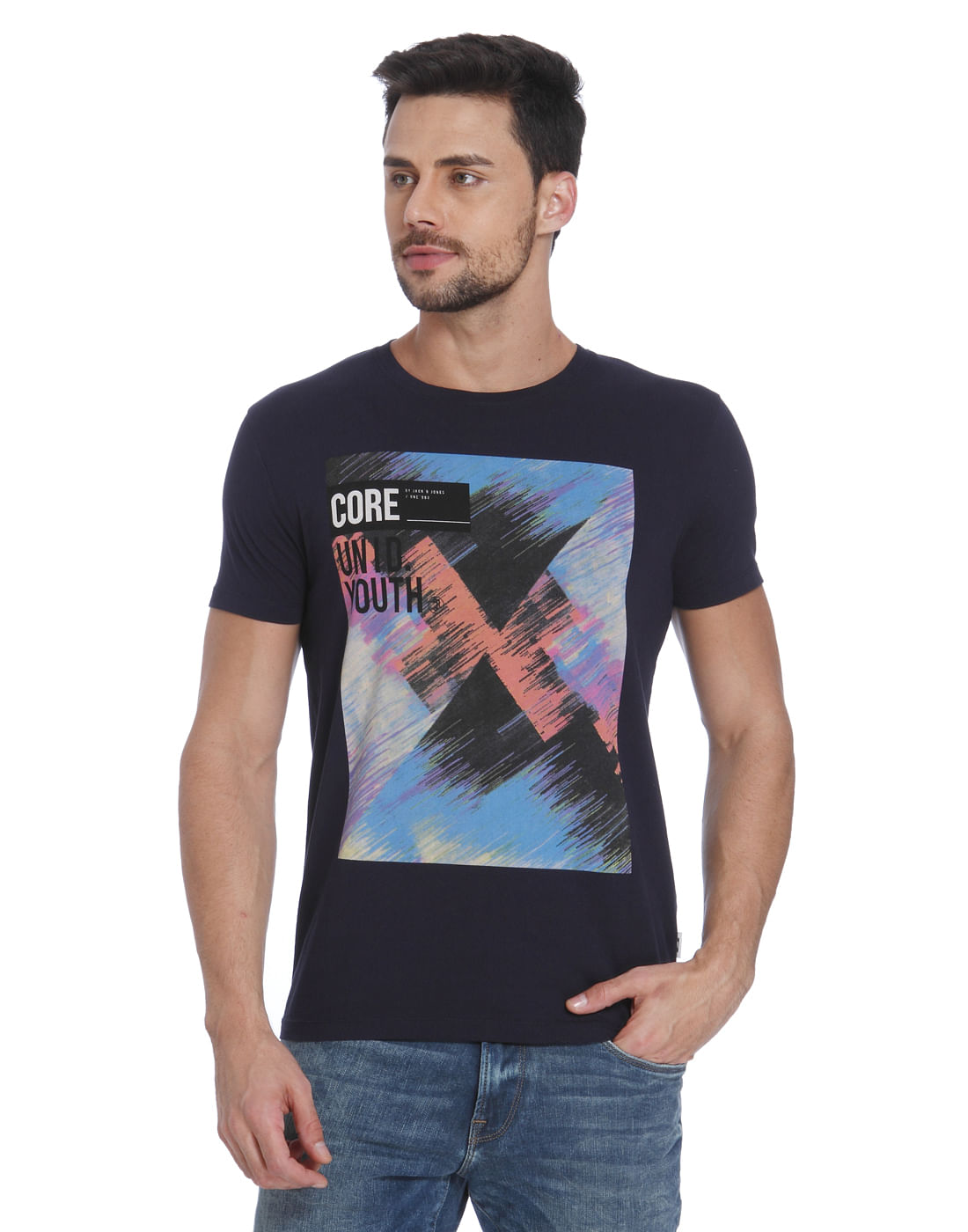 Black & Multi Colour Graphic Print Crew Neck T-Shirt